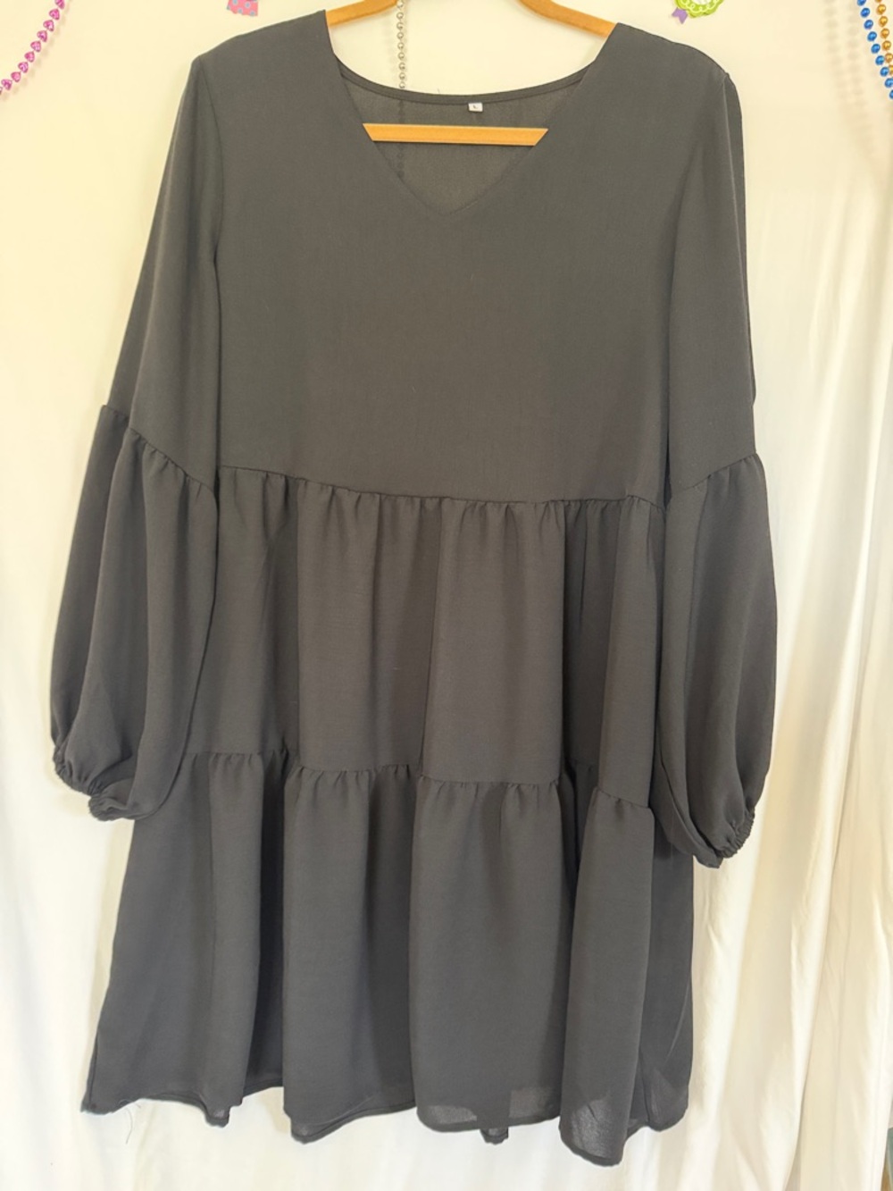 Flowy Tiered V-Neck Tunic Dress in Charcoal